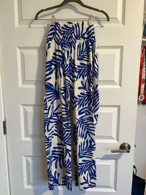 Wide-Leg Blue Leaf Print Women's Pants